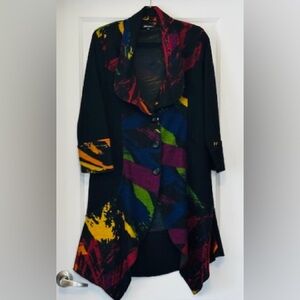 SHEENA’S Jacket Knit Abstract Black Red Green Button LS Shawl Collar Sz L